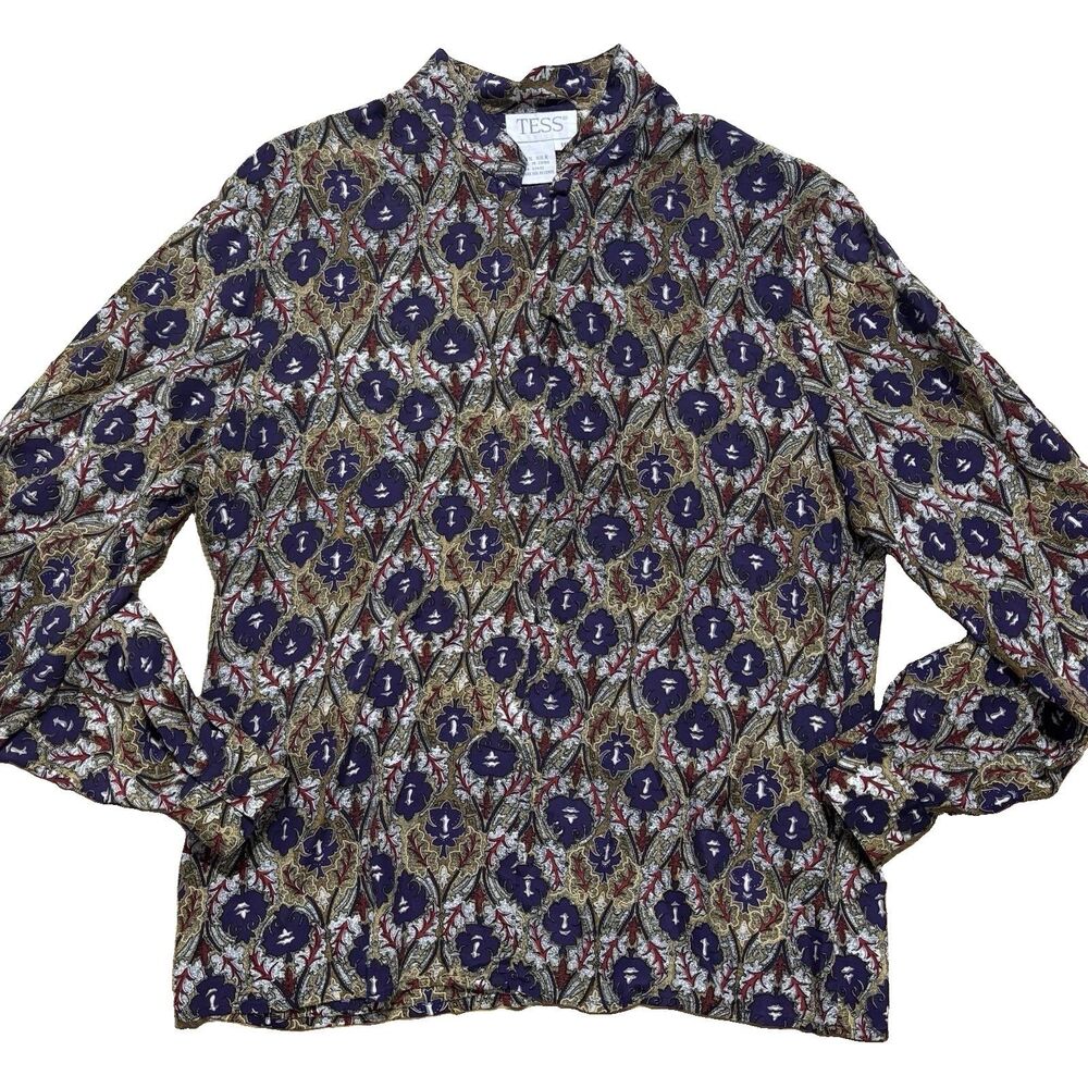 Tess Silk Blouse Women’s Sz 10 Floral Button Front Shirt Long Sleeve Vintage